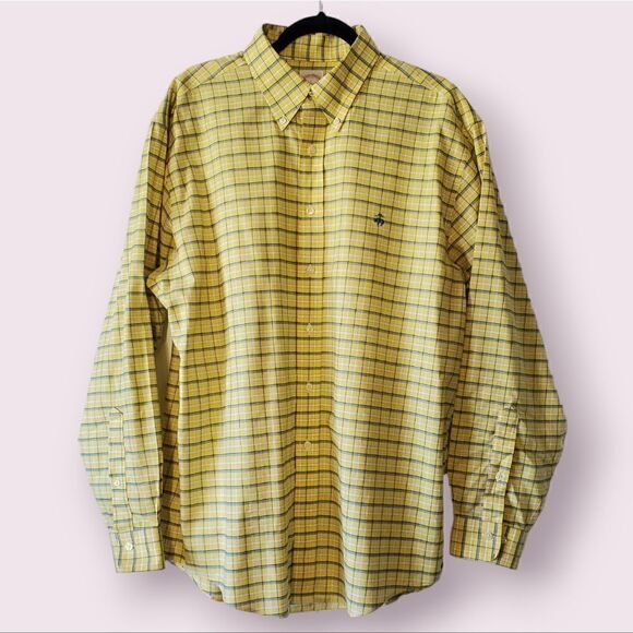 Brooks Brothers 346 Button Down Dress Shirt Size L Yellow Check EUC Preppy Ivy - Picture 1 of 4